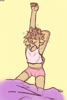 anthro bedding blanket briefs bulge chest_tuft clothed clothing crop_top male midriff pink_clothing pink_underwear shirt simple_background sitting solo stretching tail text tongue tongue_out topwear tuft underwear waking_up styxyesrenegade fetch_(fortnite) canid canine canis domestic_dog mammal pomeranian spitz digital_media_(artwork) hi_res