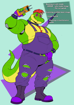 4_fingers abstract_background anthro belly belt biped body_hair boots clothed clothing collar eyewear fingers footwear glasses green_body green_tail hair long_tail looking_at_viewer machine male musclegut muscular muscular_anthro muscular_male overalls overweight overweight_anthro overweight_male purple_belt purple_boots purple_clothing purple_footwear purple_overalls red_chest_hair red_hair shoes simple_background smile solo tail text torn_clothing malyrn five_nights_at_freddy's five_nights_at_freddy's:_security_breach scottgames steel_wool_studios montgomery_gator alligator alligatorid animatronic crocodilian reptile robot scalie 2025 digital_media_(artwork) english_text hi_res