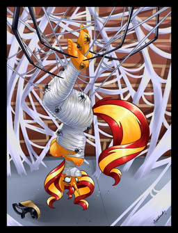 anthro black_border blonde_hair bodily_fluids border breasts clothing feet female footwear hair horn humanoid_feet nipples plantigrade red_hair red_tail scared shoes solo spider_web sweat tail yellow_tail spiderweber equestria_girls hasbro my_little_pony mythology sunset_shimmer_(eg) arachnid arthropod equid equine mammal mythological_creature mythological_equine spider unicorn absurd_res hi_res