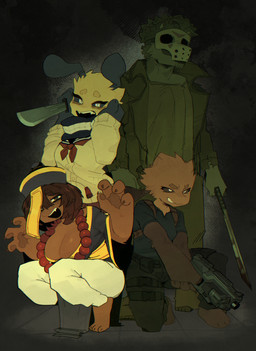 anthro big_breasts breasts clothed clothing female floppy_ears group male mask melee_weapon simple_background sports_mask sportswear weapon goonie-san capcom friday_the_13th_(series) my_hero_academia resident_evil goon_(goonie_san) jason_voorhees leon_kennedy mercy_(goonie-san) reiko_(goonie-san) toga_himiko animal_humanoid arthropod arthropod_humanoid canid canine canis domestic_dog humanoid hymenopteran hymenopteran_humanoid insect insect_humanoid mammal wasp_humanoid absurd_res digital_media_(artwork) hi_res