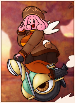 1_eye 4_fingers anthro big_breasts big_butt black_bottomwear black_clothing black_eyes black_skirt border bottomwear breasts brown_clothing brown_eyes brown_hat brown_headwear brown_jacket brown_sweater brown_topwear butt cave clothing curly_hair detailed_background duo egg exhaust_pipe female fingers footwear green_body hair half-closed_eyes hat headgear headlight headwear high_heeled_sandals high_heels huge_breasts jacket long_socks machine multicolored_clothing multicolored_sweater multicolored_topwear narrowed_eyes orange_clothing orange_footwear orange_socks pink_body pink_hair pink_skin pockets pupils raised_hand sandals shoes skirt smile smiling_at_viewer smoke socks socks_with_sandals solo_focus sweater topwear vehicle wheel white_border white_pupils wings yellow_body yellow_clothing yellow_sweater yellow_topwear wolfgangbirdie kirby_(series) nintendo pokemon blissey generation_2_pokemon living_machine living_vehicle pokemon_(species) wheelie_scooter_(kirby) 2026 absurd_res hi_res signature