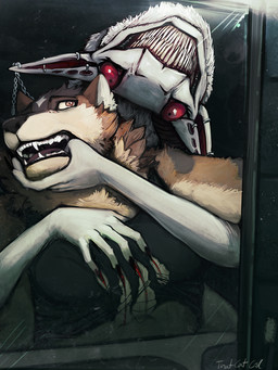 ambiguous_anthro ambiguous_gender anthro black_clothing black_topwear blood bodily_fluids brown_body brown_eyes brown_fur cheek_tuft claws clothed clothing duo ear_piercing ear_ring facial_tuft fangs finger_claws front_view fur grin inside looking_at_viewer male male_anthro mirror neck_tuft open_mouth piercing red_eyes ring_piercing scratches sharp_teeth smile tan_body tan_fur teeth topwear torn_clothing torn_topwear tuft upside_down white_body white_fur acidic gulonine mammal mustelid musteline synx wolverine 3:4 hi_res signature