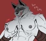 anthro big_pecs black_sclera cheek_tuft claws clothed clothing facial_markings facial_tuft fangs finger_claws fluffy fur fuzzy grin half-closed_eyes hand_on_chest hand_on_pecs head_markings holding_chest inviting licking licking_lips male markings mask_(marking) moobs muscular muscular_male nails narrowed_eyes neck_tuft nipples pec_grab pecs pecs_touching red_background red_eyes seductive simple_background smile solo teeth text tongue tongue_out topless tuft white_body white_fur toodamncycle dreamworks puss_in_boots_(franchise) death_(puss_in_boots) canid canine canis mammal wolf absurd_res hi_res