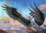 ambiguous_gender armor beak black_beak black_body black_feathers blue_eyes day detailed_background feathers feral group outside sitting sky solo_focus natoli mythology avian gryphon mythological_avian mythological_creature 2022 traditional_media_(artwork)