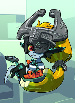 bodily_fluids bottomless bottomless_female bottomless_humanoid chips_(food) clothed clothing controller eating female female_humanoid floating food fused_shadow headgear headwear humanoid_pointy_ears looking_at_viewer not_furry one_eye_obstructed oversized_clothing oversized_shirt oversized_topwear partially_clothed partially_clothed_female partially_clothed_humanoid pointy_ears remote_control shirt solo sweat topwear discount-supervillain nintendo the_legend_of_zelda twilight_princess midna humanoid imp twili hi_res