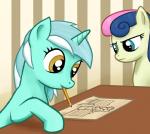 amber_eyes blue_eyes disapproval drawing drawing_in_a_drawing duo female female_feral feral frown hair hooves horn multicolored_hair paper pencil_(object) two_tone_hair kurozu friendship_is_magic hasbro my_little_pony mythology bonbon_(mlp) lyra_heartstrings_(mlp) earth_pony equid equine horse mammal mythological_creature mythological_equine pony unicorn 2017 hi_res