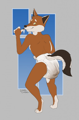 5_fingers bodily_fluids clothed clothing diaper digitigrade drooling feces fingers humanoid_hands looking_back male rear_view saliva scatplay simple_background soiled_diaper soiling solo standing topless unclean_diaper used_diaper smallcircles canid canine canis domestic_dog mammal character_request hi_res signature