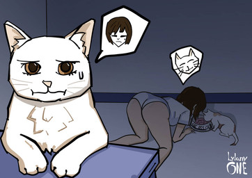 all_fours big_butt bodily_fluids body_swap bowl brown_eyes brown_hair butt butt_focus cat_food cat_nose clothing container ears_up eating female fur furniture hair happy mouth_closed paws paws_on_table pet_food shirt sweat table topwear white_body white_fur worried worried_face worried_look lylany2 lylanyone domestic_cat felid feline felis human mammal