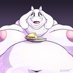 anthro belly big_belly big_breasts bodily_fluids breasts chubby_cheeks close-up double_chin drooling eating eating_food female fur half-closed_eyes huge_breasts morbidly_obese morbidly_obese_anthro morbidly_obese_female narrowed_eyes navel nipples obese obese_anthro obese_female open_mouth overweight overweight_anthro overweight_female saliva slumped solo thick_neck white_body white_fur unonyx undertale undertale_(series) toriel bovid caprine goat mammal 1:1 absurd_res hi_res