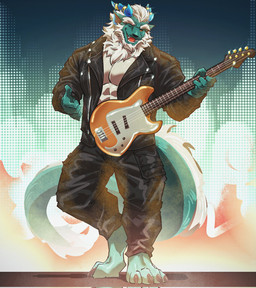 2_horns abs anthro barazoku barefoot bass_guitar black_clothing black_jacket black_topwear blue_horn claws clothing feet fire gesture gold_ring guitar hair hand_gesture holding_bass horn horn_jewelry horn_ring jacket jewelry leather leather_clothing leather_jacket leather_topwear male mane multicolored_body multicolored_scales muscular muscular_anthro muscular_male musical_instrument one_eye_closed pecs plucked_string_instrument pyrotechnics ring_(jewelry) scales simple_background solo string_instrument tail_mane tan_body tan_scales teal_body teal_scales thumbs_up toe_claws toony topwear two_tone_body two_tone_scales white_hair wink yellow_eyes teseirei mythology cangdi dragon mythological_creature mythological_scalie scalie 2025 hi_res