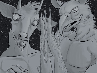 anthro antlers beak claws crush duo earth feathers fur horn licking macro male muscular muscular_anthro muscular_male nude open_mouth planet space star tongue tongue_out universe ohohflamethrower mythology carpo avian deer gryphon mammal mythological_avian mythological_creature