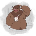 anthro armpit_hair belly big_belly body_hair clothing container cup eyes_closed heart_symbol male moobs mug navel nipples overweight overweight_male solo tired underwear freakinglargeoof bovid bovine cattle mammal 1:1 2022 absurd_res hi_res