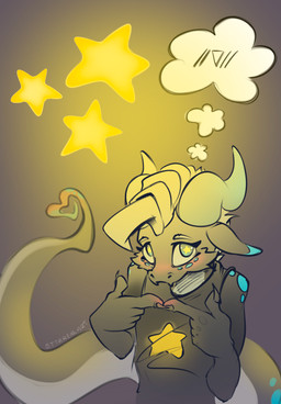 anthro blush clothed clothing ears_down expressions fangs female heart_symbol horn looking_at_viewer looking_up mohawk pivoted_ears shy solo spots star starry_eyes teeth thought_bubble stirren stirren_(stirren) hi_res