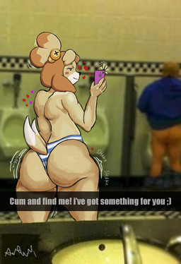anthro bathroom bell big_butt blush bottomwear bottomwear_down butt clothed clothing duo electronics female fur heart_symbol huge_butt humor male mostly_nude panties panties_only pants pants_down partially_clothed pattern_clothing phone public_restroom selfie shaking_butt sink slightly_chubby striped_clothing stripes text thick_thighs topless underwear underwear_only urinal wide_hips yellow_body yellow_fur awful_lad animal_crossing nintendo isabelle_(animal_crossing) canid canine canis domestic_dog mammal shih_tzu toy_dog absurd_res english_text hi_res