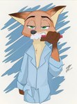 anthro brush brushing brushing_teeth clothed clothing fully_clothed fur green_eyes male orange_body orange_fur pajamas simple_background solo bubblecop disney zootopia nick_wilde canid canine fox mammal red_fox true_fox hi_res signature