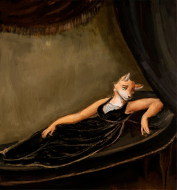 anthro black_clothing black_dress clothed clothing dress ears_up female fur furniture looking_at_viewer lying lying_on_sofa on_back on_sofa orange_body orange_fur sofa solo reynard_goodfellow canid canine fox mammal absurd_res hi_res