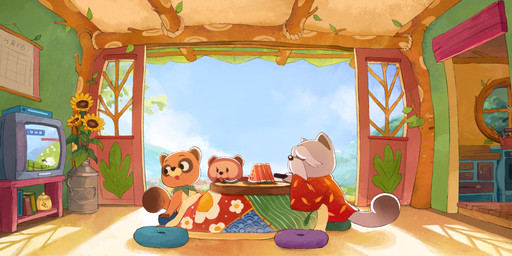 brown_body building detailed_background electronics facial_hair flower food fruit furniture group house inside kotatsu male mature_male melon mustache plant sitting sunflower table television watermelon watermelon_slice mariam_hachmi taki_tanuki canid canine mammal raccoon_dog tanuki hi_res