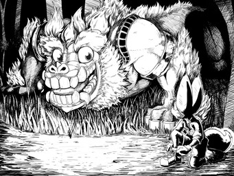 ambiguous_gender anthro armor big_pupils bottomwear cheek_tuft clothing detailed_background detailed_foreground duo eyebrows facial_tuft fangs footwear gloves handwear kneeling long_ears long_tail looking_at_another open_mouth pointy_ears pupils shoes shorts size_difference snout tail teeth thick_eyebrows tuft tying_shoes zipper_topwear actualpendragon unnamed_character ambiguous_species monster detailed digital_drawing_(artwork) digital_media_(artwork) monochrome