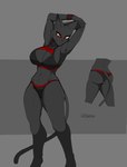 anthro armwear big_breasts black_body black_fur bra breasts butt clothing death_sight female fur glowing glowing_eyes looking_away red_eyes simple_background solo sports_bra standing underwear 9live xeno_(usaki_gami) domestic_cat felid feline felis mammal absurd_res hi_res