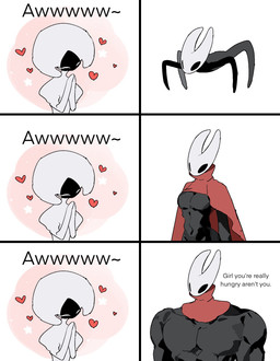 anthro biped black_body black_eyes breasts cloak clothing dialogue duo empty_eyes eyes_closed featureless_breasts female female_anthro female_humanoid feral heart_symbol mouthless muscular quadruped red_cloak red_clothing text white_body white_eyes katatsumu_ktkt get_stickbugged_lol hollow_knight:_silksong hollow_knight_(franchise) team_cherry hornet_(hollow_knight) lace_(hollow_knight:_silksong) arthropod humanoid 2026 comic digital_drawing_(artwork) digital_media_(artwork) english_text hi_res meme