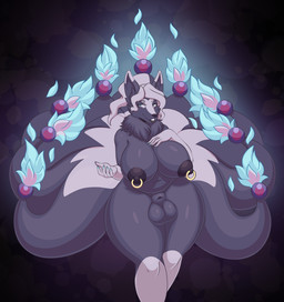animal_genitalia anthro balls breasts fully_sheathed genitals gynomorph hand_on_breast intersex mature_gynomorph mature_intersex multi_tail nipple_piercing nipple_ring nipples piercing ring_piercing seductive sheath solo tail wide_hips iabelle nintendo pokemon violet_hades_(elderfloof) canid canine fox generation_1_pokemon mammal ninetales pokemon_(species) hi_res
