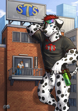 animal_genitalia anthro balcony balls belt billboard black_clothing black_markings black_nose black_shirt black_spots black_t-shirt black_topwear blue_bottomwear blue_clothing blue_eyes blue_pants bottomless bottomwear brown_belt clothed clothing day duo extreme_size_difference facial_spots floppy_ears fur genitals hair hand_behind_head macro male male_anthro markings mouth_closed orange_body orange_fur outside pants red_hair sheath shirt short_hair size_difference spots spotted_arms spotted_face spotted_legs spotted_markings spotted_tail standing striped_arms striped_markings striped_tail stripes t-shirt tail tail_markings topwear white_balls white_body white_clothing white_fur white_sheath white_shirt white_t-shirt white_topwear hufnaar hufnaar_(character) canid canine canis dalmatian domestic_dog felid mammal pantherine tiger 2026 dated hi_res