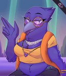 anthro beak belly breasts cleavage clothed clothing crop_top eyewear feathers female front_view glasses jewelry necklace non-mammal_breasts purple_body purple_feathers shirt slightly_chubby solo topwear neodrani dreamworks the_bad_guys the_bad_guys_2 doom_(the_bad_guys) avian bird corvid corvus_(genus) oscine passerine raven 2024 half-length_portrait hi_res portrait