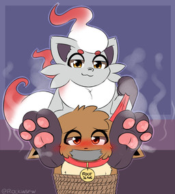 ambiguous_gender bdsm bondage bound collar duo feet feral foot_fetish forced forced_exposure forced_sniffing gag hindpaw leash leash_pull name_tag paws restraints rope rope_bondage steamy_feet tape tape_gag teaser teasing_with_feet rockii nintendo pokemon eevee generation_1_pokemon generation_8_pokemon hisuian_form hisuian_zorua pokemon_(species) regional_form_(pokemon) hi_res