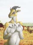 4_fingers anthro bedroom_eyes biped blue_eyes blurred_background breasts brown_nose covered_nipples covering covering_self curved_horn featureless_breasts female fingers front_view fur glistening glistening_body glistening_skin grey_horn half-closed_eyes hand_on_breast head_turned hooved_fingers hooves horn looking_at_viewer narrowed_eyes navel outside photo_background pose seductive small_breasts small_nose smile solo standing teasing uppercut white_body white_fur yellow_body yellow_fur felixspeagel antelope bovid mammal 3:4 low_res photography_(artwork) pinup