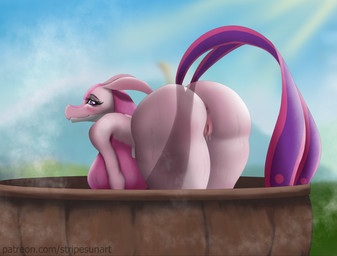 2_tails anthro anus ass_up bath bathing big_breasts big_butt breasts butt female genitals hanging_breasts huge_breasts huge_butt looking_at_viewer looking_back multi_tail non-mammal_breasts palmorph pink_body solo tail vulva wet sunstripe palworld pocketpair lovander pal_(species) scalie hi_res