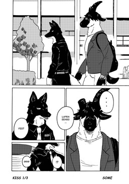 anthro backpack black_body black_fur bovine_ears clothed clothing dialogue duo fur horn male necktie outside plant pointy_ears prick_ears school shirt standing student teacher topwear tree university walking white_body white_fur some_(someone) eat_(mucknagabe) gura_(mucknagabe) lufria_(mucknagabe) bovid canid canine canis caprine goat mammal wolf absurd_res black_and_white comic hi_res monochrome