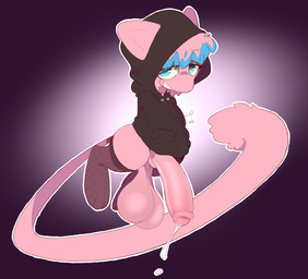 balls big_balls big_penis blue_eyes bottomless bottomwear clothed clothing erection feral floating fur genitals hair hand_in_pocket hands_in_both_pockets hoodie huge_balls huge_penis humanoid_genitalia humanoid_penis legwear looking_at_viewer male penis pink_body pockets saggy_balls simple_background small_but_hung solo stockings tail teeth thigh_highs topwear backsash nintendo pokemon generation_1_pokemon legendary_pokemon mammal mew_(pokemon) pokemon_(species) 2024 digital_media_(artwork) hi_res