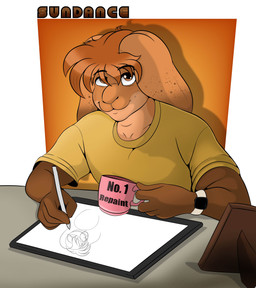 anthro border brown_eyes brown_hair clock clothing container countershading cup drawing_tablet green_body green_clothing green_countershading green_shirt green_topwear hair holding_container holding_cup holding_object looking_at_viewer male orange_background shirt simple_background smile smiling_at_viewer solo text topwear watch white_border wristwatch bunnyboi0108 sundance lagomorph leporid mammal rabbit 2025 absurd_res artist_name hi_res
