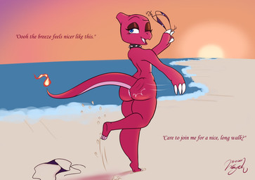 anthro anthrofied beach bikini bikini_bottom bikini_top blue_eyes butt_slap clothing collar dialogue eyelashes eyeshadow female makeup open_mouth piercing sand sea seaside slap slapping_own_butt slapping_self solo spiked_collar spikes sunset swimwear teasing text tongue tongue_piercing tongue_stud two-piece_swimsuit undressing water wayesh nintendo pokemon cyra_(wayesh) charmeleon generation_1_pokemon pokemon_(species) 2021 dated english_text hi_res signature