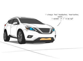 ambiguous_gender blue_eyes bodily_fluids car crying dialogue duo feral fur hair kemono machine open_mouth simple_background speech_bubble tears vehicle wheel white_background white_car white_hair eibvdy living_car living_machine living_vehicle 2024 hi_res