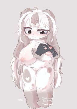 anthro big_breasts blush blush_lines bodily_fluids breast_milking breast_squish breasts duo eyelashes female genitals hair lactating long_hair narrowed_eyes navel nipples nude overweight simple_background squish standing sweat tears text thick_thighs vulva white_body ttaki lagomorph leporid mammal rabbit absurd_res hi_res korean_text