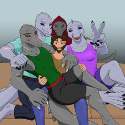 anthro black_sclera facial_scar family family_photo female grey_body grey_scales male parody scales scar scars_all_over novarraveditoa the_nature_of_predators fan_character alien arxur_(the_nature_of_predators) human mammal 1:1 absurd_res hi_res adopted_(lore) adopted_son_(lore) adoptive_brother_(lore) adoptive_sibling_(lore) sibling_(lore) twins_(lore)