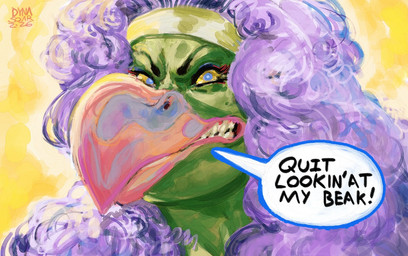 accessory anthro beak beak_closed big_beak big_hair blue_eyes clenched_teeth dialogue eyebrows eyelashes eyeliner female frowning_at_viewer green_body green_face hair hair_accessory hairband headband long_hair makeup mouth_closed multicolored_beak purple_hair simple_background solo speech_bubble teeth text toothed_beak yellow_eyes dyna_soar accipitriform avian bird demon vulture vulture_demoness 2026 digital_media_(artwork) digital_painting_(artwork) english_text headshot_portrait hi_res painting_(artwork) portrait signature sketch
