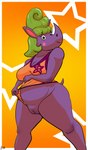 anthro biped breasts cleavage clothed clothing clothing_aside female genitals green_hair hair horn leotard leotard_aside lipstick looking_at_viewer makeup partially_clothed presenting presenting_pussy purple_body pussy smile solo standing fizzpop chico_chica_boumba miss_boumba mammal rhinoceros 2022 hi_res portrait three-quarter_portrait