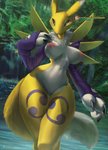 anthro armwear blue_eyes breasts claws clothing detailed_background female forest fur genitals mane mostly_nude nipples plant pose pussy sleeves solo standing thigh_gap tree water waterfall white_body white_fur yellow_body yellow_fur yin_yang momobeda bandai_namco digimon canid digimon_(species) mammal renamon hi_res pinup