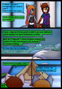 anthro bottomwear clothing dialogue duo female male shirt skirt tank_top text topwear young dream_mirage axel_biersack kayla_kitsune ailurid amphibian canid canine canis fox frog hybrid mammal red_panda wolf comic hi_res