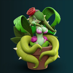 accessory areola areola_slip big_breasts blush breasts clothing eyelashes female flower flower_in_hair green_areola green_background green_body green_eyes hair hair_accessory hair_over_eye leaf leaf_hair looking_at_viewer navel open_mouth pink_clothing pink_topwear plant plant_hair plant_pot pseudo_hair simple_background solo topwear wide_hips the-great-pipmax european_mythology mythology shantae_(series) wayforward water_lily_siren alraune elemental_creature elemental_humanoid flora_fauna humanoid plant_humanoid 3d_(artwork) digital_media_(artwork) hi_res