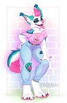 4_toes 5_fingers anthro black_lips breasts brown_eyes clothed clothing digitigrade eyebrows eyelashes feet female fingers hair lips open_mouth pink_hair smile solo teeth toes tongue ei-ka canid canine canis domestic_dog mammal 2022 digital_media_(artwork) hi_res