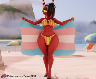 2_horns 5_fingers ball beach beach_ball beach_chair beach_umbrella big_breasts big_bulge bikini black_hair breasts bulge clothing eye_scar eyebrows facial_scar fingers flag flag_(object) gynomorph hair hair_over_eye holding_flag holding_object hooves horn inflatable intersex lgbt_pride navel outside parasol pride_color_flag pride_colors red_body red_breasts red_skin scar solo standing swimwear text transgender_pride_colors two-piece_swimsuit yellow_sclera feversfm valorlynz_(modeler) hellaverse helluva_boss sallie_may_(helluva_boss) demon imp 2024 3d_(artwork) digital_media_(artwork) hi_res url trans_(lore) trans_woman_(lore)
