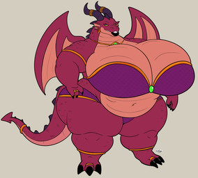 accessory anklet anthro armlet back_spikes barefoot belly big_belly big_breasts biped bottomwear breasts butt butt_from_the_front claw_(weapon) claws cleavage clothed clothing digit_ring emerald_(gem) feet female fin fin_piercing fingers furgonomic_piercing furgonomics gem hand_on_hip horn horn_jewelry horn_ring huge_breasts hyper jade_(gem) jewelry lips looking_at_viewer melee_weapon mostly_nude navel navel_piercing necklace overweight overweight_anthro overweight_female piercing ring ring_(jewelry) ring_piercing scales sharp_teeth simple_background skimpy smile solo spiked_tail spikes spikes_(anatomy) stud_piercing tail tail_accessory tail_jewelry tail_ring teeth thick_bottom_lip thick_lips thick_thighs toe_claws toe_ring toes topwear weapon wide_hips wings yellow_eyes tellybot european_mythology mythology morgana_(tellybot) dragon monster mythological_creature mythological_scalie scalie 2026 digital_media_(artwork) hi_res