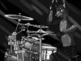 anthro clothed clothing drum drum_set drumstick_(musical) fur looking_away male musical_instrument partially_clothed percussion_instrument side_view simple_background sitting solo greyscaledawg canid canine mammal 4:3 black_and_white digital_media_(artwork) hi_res monochrome