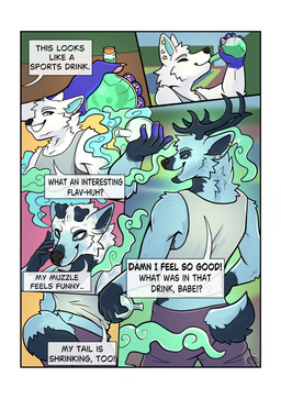 anthro antlers dialogue duo female ftm_transformation gender_transformation horn magic male mid_transformation potion potion_bottle species_transformation text transformation transformation_potion transformation_sequence orionmeles rich_the_otter canid canine deer fox mammal mustelid otter absurd_res comic english_text hi_res
