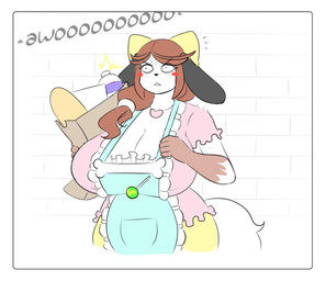 accessory anthro apron awoo big_breasts blush blush_stickers border bow_ribbon breasts brown_hair candy centered_hair_bow cleavage clothed clothed_anthro clothed_female clothing constricted_pupils dessert emanata eyebrow_through_hair eyebrows female food frilly frilly_clothing gloves_(marking) hair hair_accessory hair_bow hair_ribbon howl huge_breasts lollipop markings open_mouth pink_clothing pink_topwear pupils ribbons shopping_bag small_pupils solo tail topwear translucent translucent_hair white_border yellow_hair_bow theycallhimcake holly_applebee canid canine canis domestic_dog mammal 2016 digital_drawing_(artwork) digital_media_(artwork) english_description