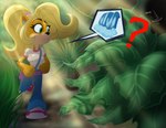 anthro breasts clothing female footwear jogging jungle_background overalls solo speech_bubble dapperscrew activision crash_bandicoot_(series) coco_bandicoot bandicoot mammal marsupial absurd_res hi_res pictographics watermark