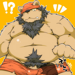 anthro belly blush bulge clothing exclamation_point genitals humanoid_hands kemono male moobs navel nipples overweight overweight_anthro overweight_male penis pubes question_mark simple_background solo underwear suishou0602 bear mammal 1:1 2015
